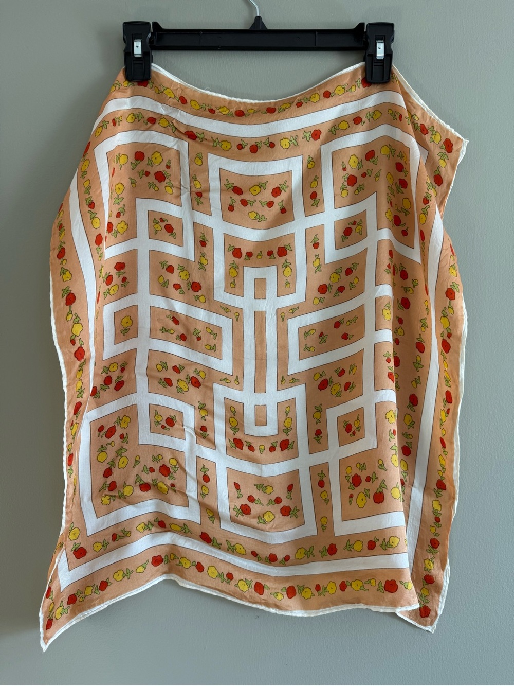 Vintage Silky Floral Geometric Scarf Peach White Red Yellow 23” square